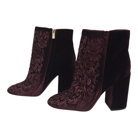 Jessica Simpson Wovella Velvet Embroidered Ankle Boots Women 9 Maroon Wine Block - Picture 12 of 16